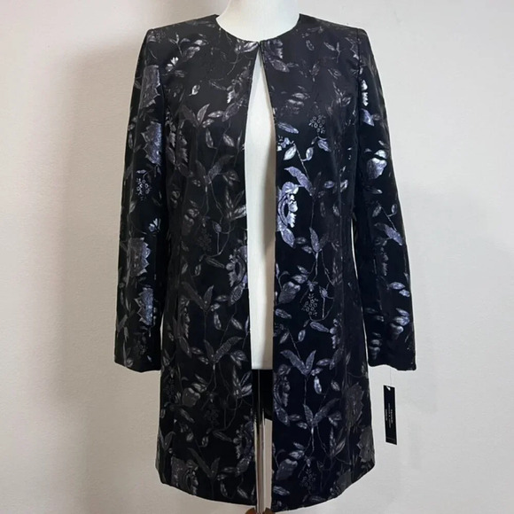 Tahari Arthur S. Levine Navy & Silver Floral Velvet Long Line Jacket 6 NWT - Picture 1 of 7